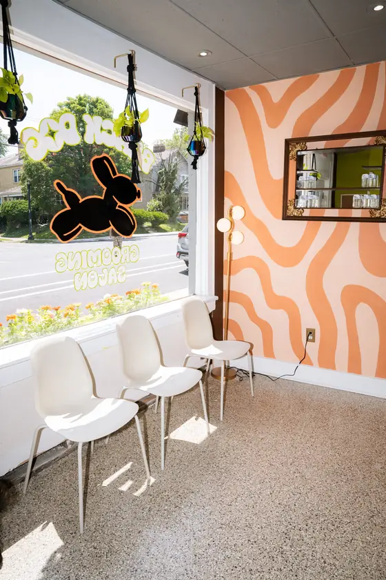 Waiting area with white chairs, hanging plants, and the orange wave wall